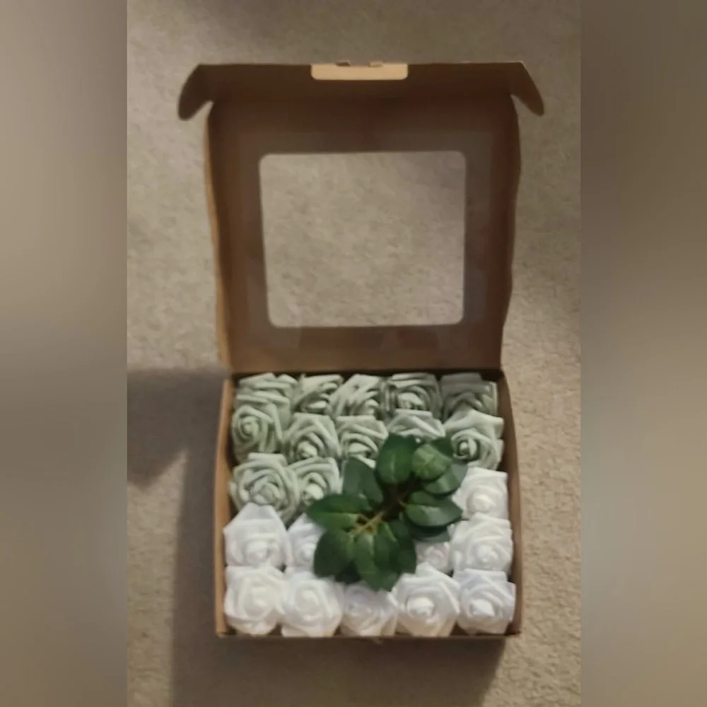 Sage green and white foam flowers with stem for home or bridal decorations